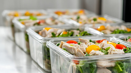 A vibrant, nutritious salad prepped in clear containers, featuring fresh greens, juicy tomatoes, bell peppers and lean protein, perfect for a healthy meal on the go.