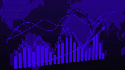 Dark Blue Global Financial Data Visualization with World Map and Bar Charts finance business animation. Futuristic dark blue global finance visualization with animated world map and flowing bar chart - Powered by Adobe