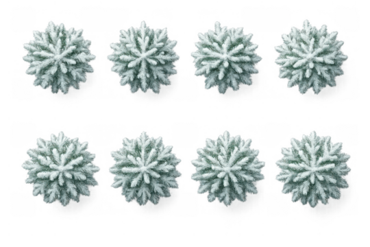 Group of stylized snowy pine branch elements representing snowflakes, ideal for winter and christmas designs