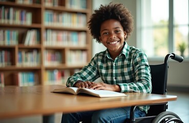Smiling black kid studying in library. Boy in wheelchair reads book. Student learns at school library. Inclusive education. Cheerful child smiles near bookshelf. Positive smart young student.