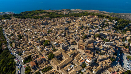 Aerial view of houses and buildings in the historic center of Erice, a small town located in the province of Trapani, Sicily, Italy.