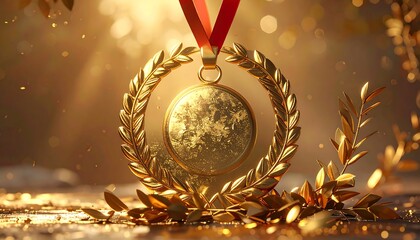 Golden medal on laurel wreath with red ribbon, sparkling, abstract background