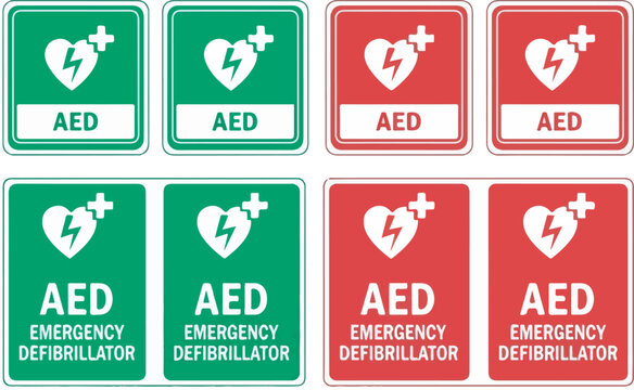 AED Emergency Defibrillator safety sign and icon set in red and green vector graphics
