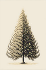 Elegant Pine Fir Tree – Christmas Illustration on Beige and Golden Muted Green