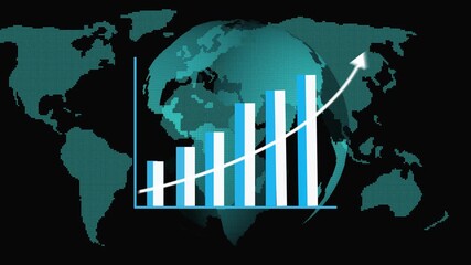 Teal Dotted World Map and Growing Bar Chart with Globe Overlay global graph animation. Globe overlay with growing bar chart on a teal dotted world map highlights international market trends. - Powered by Adobe
