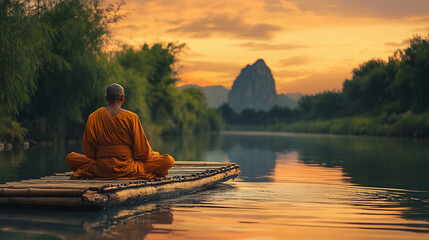 Monk sitting on wood in lakeside 