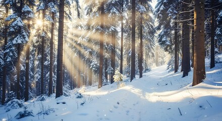 Fototapeta premium Winter wonderland: Snow-covered forest with sunlight streaming through the trees.