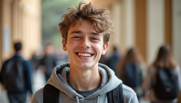 Happy young man with curly hair wearing grey hoodie, backpack smiling at camera. Students walk in background. University college setting. Teenage boy in casual attire. Joyful facial expression.