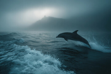 Fototapeta premium Dolphin leaps gracefully above ocean waves at sunset near the horizon