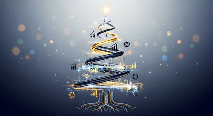 AI technology Christmas tree with digital connections, innovation and futuristic holiday theme.
