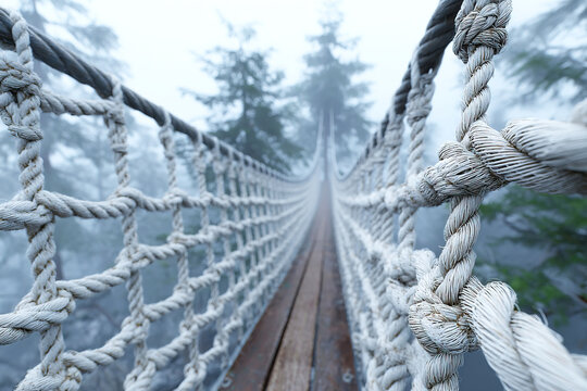 Fototapeta Modern white rope bridge spans across a foggy river surrounded by nature