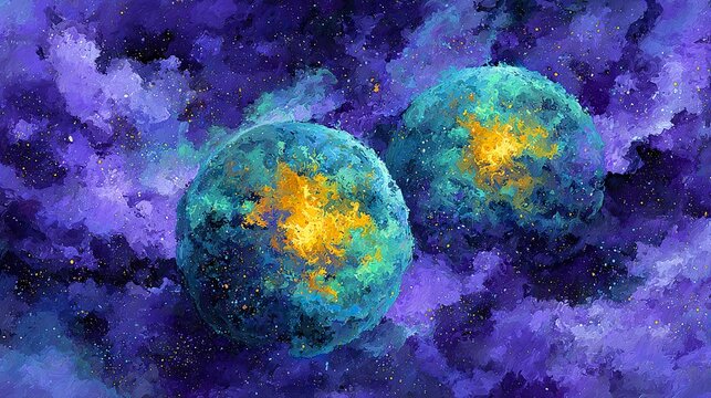 Abstract painting of two planets in space