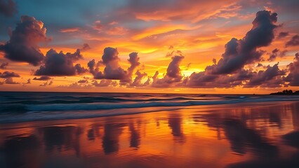 A breathtaking tropical beach sunset with vibrant clouds and golden reflections on the wet sand.