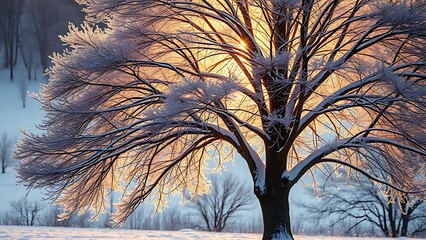 Snow-covered tree glowing under soft golden light during a peaceful winter evening.