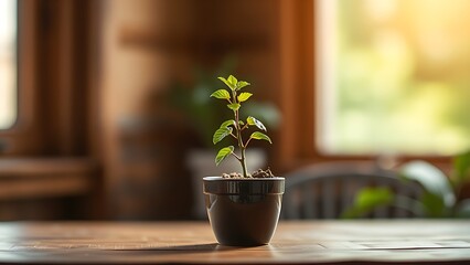 Small potted plant on a wooden table, symbolizing growth and nurtured by soft natural light.
