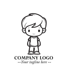 Black and White Chibi Boy Illustration with Jacket and Boots in Bold Thick Line Art Minimal Style