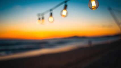 Sunset beach with soft-focus hanging lights, evoking a serene and dreamy coastal atmosphere.