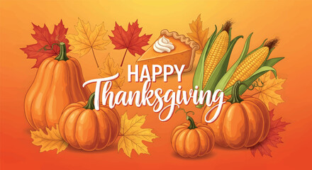 Happy Thanksgiving Illustration with Pumpkins, Corn, Pie, and Autumn Leaves