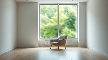 Sleek living room featuring a single chair by a large window, with natural light and blurred outdoor greenery.