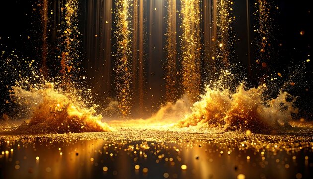 Golden particles cascading down, colliding mid-air, shimmering on the surface below. Magical and ethereal aesthetic - Powered by Adobe