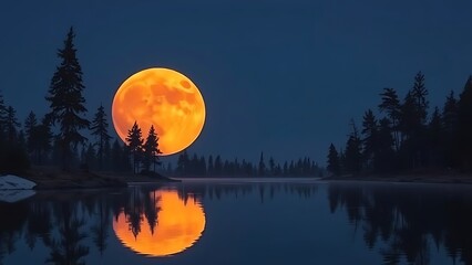 A golden-orange moon mirrored in still water, framed by pine silhouettes.