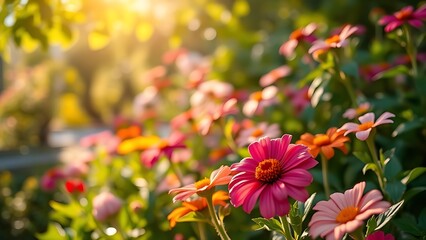 A lush garden filled with vibrant flowers bathed in warm summer sunlight, creating a dreamy atmosphere.