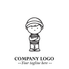 Black and White Chibi Boy Illustration with Jacket and Boots in Bold Thick Line Art Minimal Style