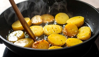 Golden potato slices frying in a dark pan with steam rising, stirred by wooden utensil on a stove top