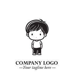 Black and White Chibi Boy Illustration with Jacket and Boots in Bold Thick Line Art Minimal Style