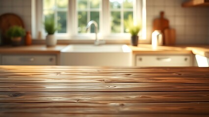 A wooden table with soft natural light, creating a peaceful and minimalist kitchen scene.