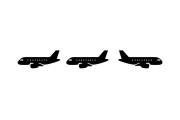 Three black silhouettes of airplanes in flight, showcasing various angles and positions during aerial travel
