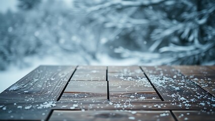 Minimalist winter table setting with light snowfall and cold tones, creating a tranquil mood.