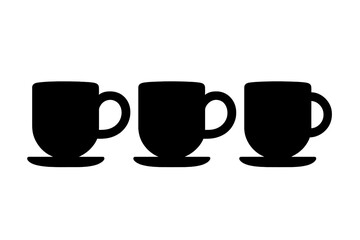 Three black coffee cups on saucers against a plain background