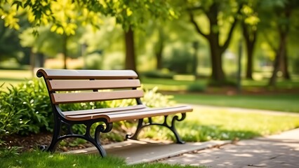 A serene park bench sits empty amidst lush greenery under natural daylight.