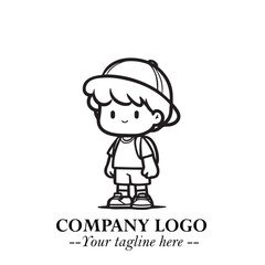 Black and White Chibi Boy Illustration with Jacket and Boots in Bold Thick Line Art Minimal Style