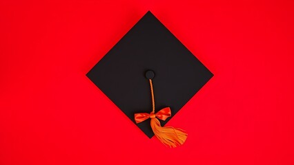 Graduation cap with tassel and bow on solid red background.