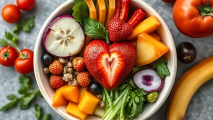 A ceramic bowl filled with fresh vegetables and fruits arranged for a healthy meal.