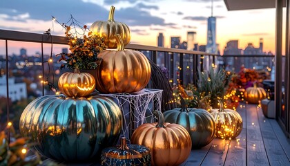 Golden pumpkins on a city balcony, cityscape glowing in the background during dusk, decorated with lights and spiderwebs
