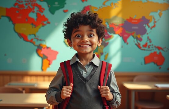 Happy Indian schoolboy with red backpack smiles in classroom. Cute pupil stands before world map on first school day. Young student ready for education, new knowledge. Child begins elementary school