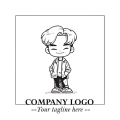 Black and White Chibi Boy Illustration with Jacket and Boots in Bold Thick Line Art Minimal Style