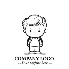 Black and White Chibi Boy Illustration with Jacket and Boots in Bold Thick Line Art Minimal Style