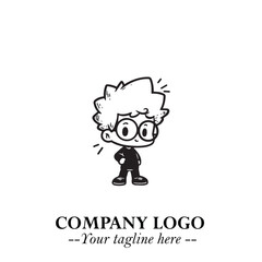 Black and White Chibi Boy Illustration with Jacket and Boots in Bold Thick Line Art Minimal Style