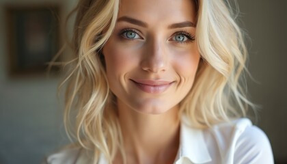 Fototapeta premium Attractive blonde woman smiles softly. Bright blue eyes look direct at camera. Long wavy blonde hair, radiant skin. Close-up portrait captures natural beauty, happy, confident female expressing joy