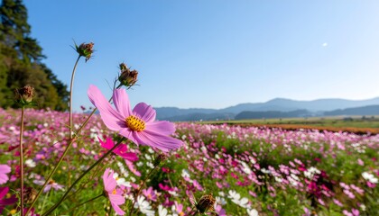 Obraz premium Lakeside Wildflower Meadow – Pink Blossoms & Mountains
