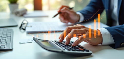 Businessman uses calculator and tablet for financial analysis. Orange graphs show rising business growth and investment charts. He plans budget, reviews income, expense data, working in office.