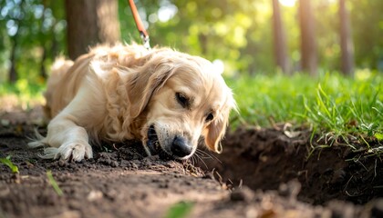 Golden retriever digs a hole in the ground in a park. Sun shines through the trees in the background