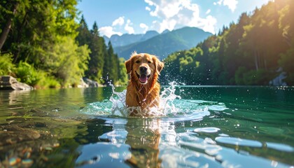 Golden retriever joyfully splashing in a crystal-clear lake against a mountainous backdrop under a sunny sky