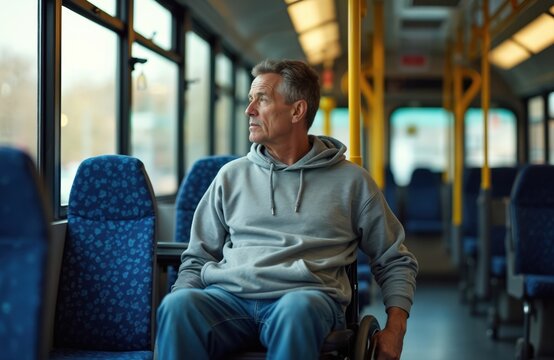Mature disabled man sits in wheelchair on public bus. He travels by accessible transport thoughtfully looking out window. Male passenger commutes alone enjoying independent urban journey daily.