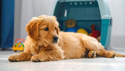 Golden retriever puppy lying down, looking left. Pet carrier and toys are blurred in the background, indoor scene
