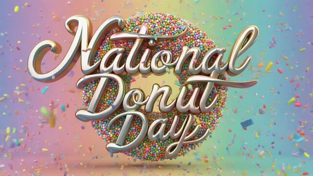 National Donut Day text with sprinkles over a colorful sweet dessert.